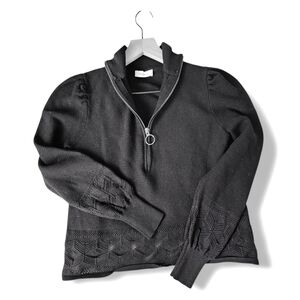 Kookai Puffy Sleeve Black Knit Quarter Zip Sweater, Open Knit Pattern Noir